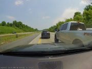 Driver in Ford Super Duty on I-78 road rages, forces his way between two vehicles.