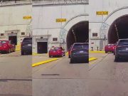 Driver in Mazda 6 before Liberty Tunnel road rages, cuts cars off and hops center median to save time, except doesn't.