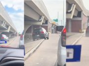 A VW Tiguan seen driving at a banked angle into a drainage ditch to avoid horrible Houston traffic.