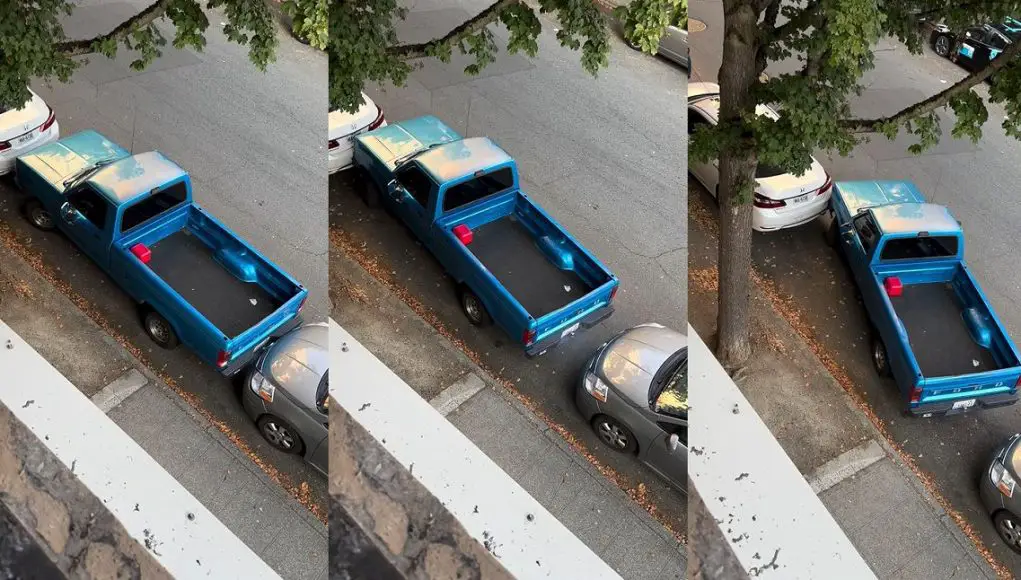 A boxed in driver in a Ford Ranger uses his steel bumpers to drive out of a tight parking situation.