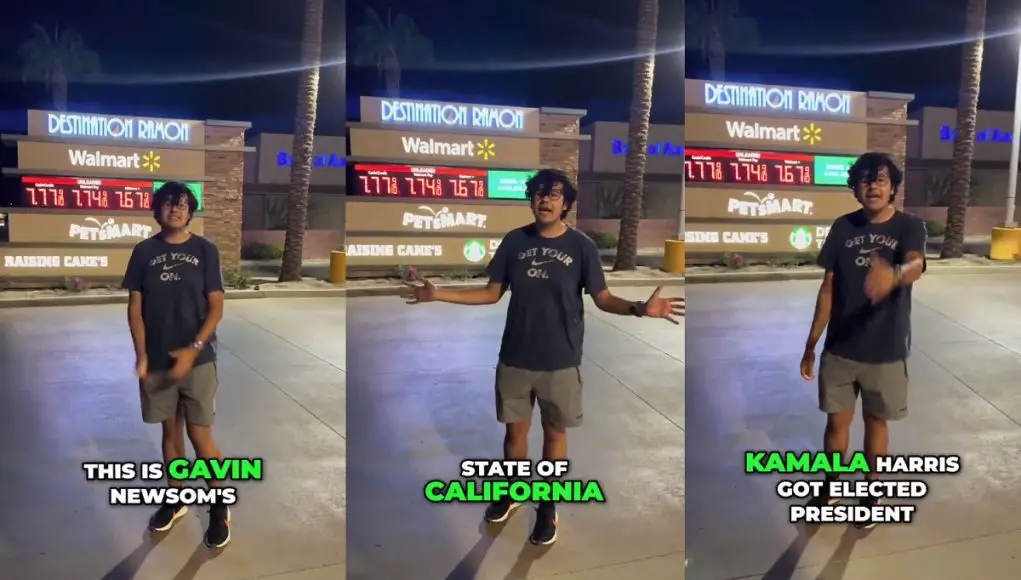 Max Bonilla standing outside a signboard in Palm Springs showing gas prices used for test purposts only.