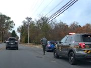 A Honda Civic Hatchback in Lansdale, PA blocks an intersection after being pulled over.