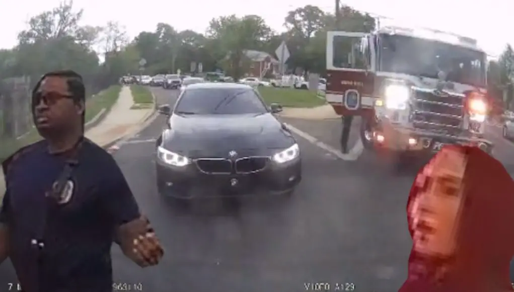 A BMW driver gets a taste of their own medicine as a fire fighter from the Oxon Hill Volunteer Fire Department honks their fire engine air horn right back at them.