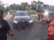 A BMW driver gets a taste of their own medicine as a fire fighter from the Oxon Hill Volunteer Fire Department honks their fire engine air horn right back at them.