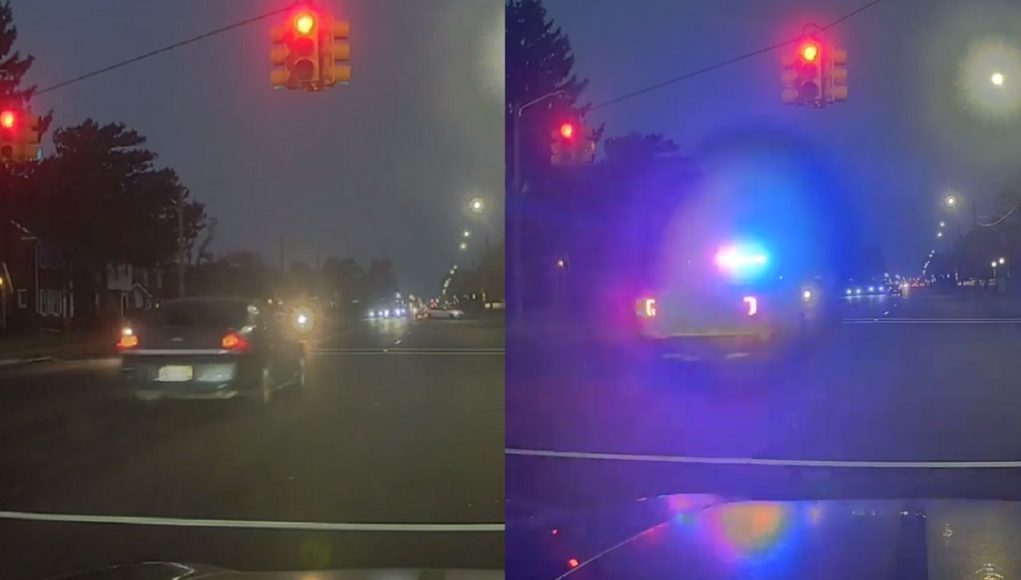 A driver at the intersection of 7 Mile Rd. and Roselawn St. runs red light 20 seconds after their light turns red.