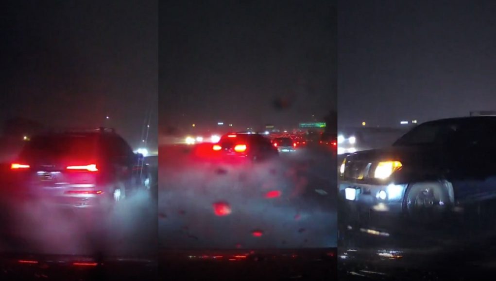 Reckless driver in Audi uses I-5 breakdown lane during rain to pass only to lose control and hit an innocent driver, too.