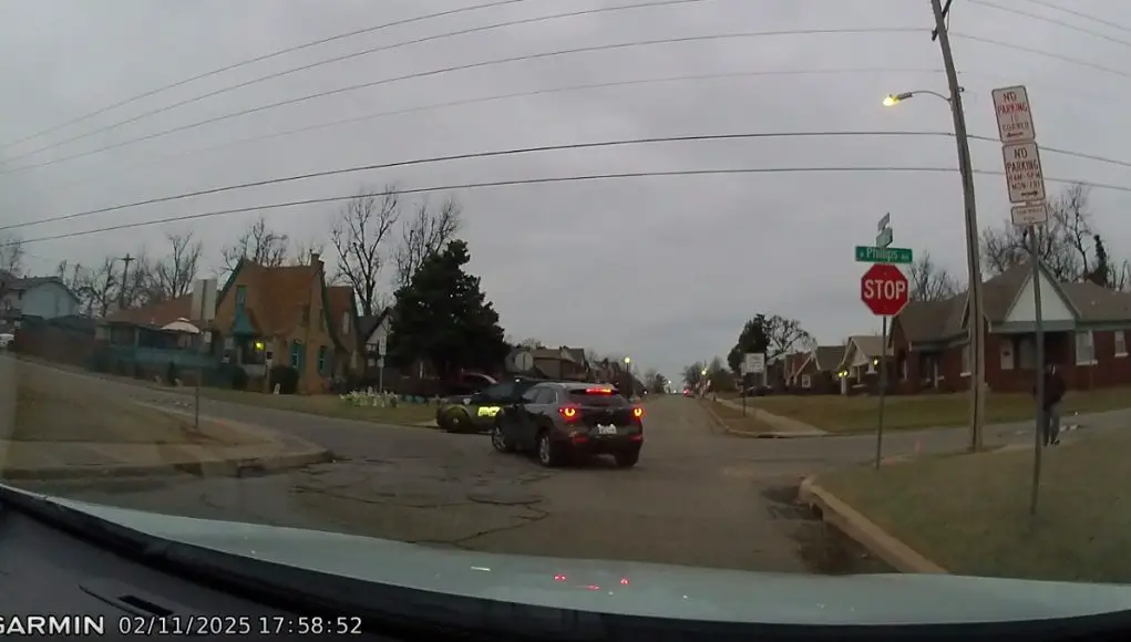 OKC driver in Lincoln Terrace assumes two-way stop is a four-way and almost T-bones a police cruiser as a result.