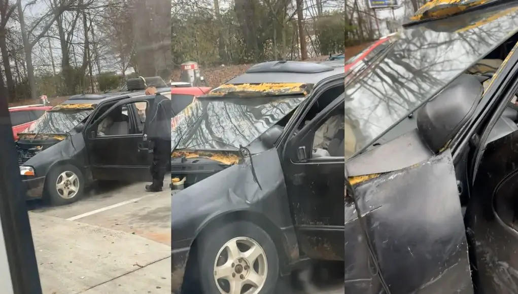 Atlanta man has coffee table glass as his windshield. Illegal.