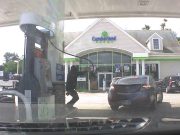 Cumberland Farms gas station attendant in Weymouth catches flying gas nozzle mid-air after customer drives off before nozzle could go back to the pump.