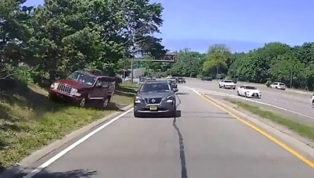 Idiot driver on the Meadow State Parkway cuts off other driver and drives up embankment all so they didn't miss their exit.