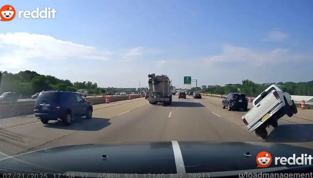 Driver in Ford Ranger not paying attention panic brakes on I-94 to avoid crash, ends up flipping onto their side.