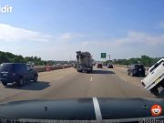 Driver in Ford Ranger not paying attention panic brakes on I-94 to avoid crash, ends up flipping onto their side.