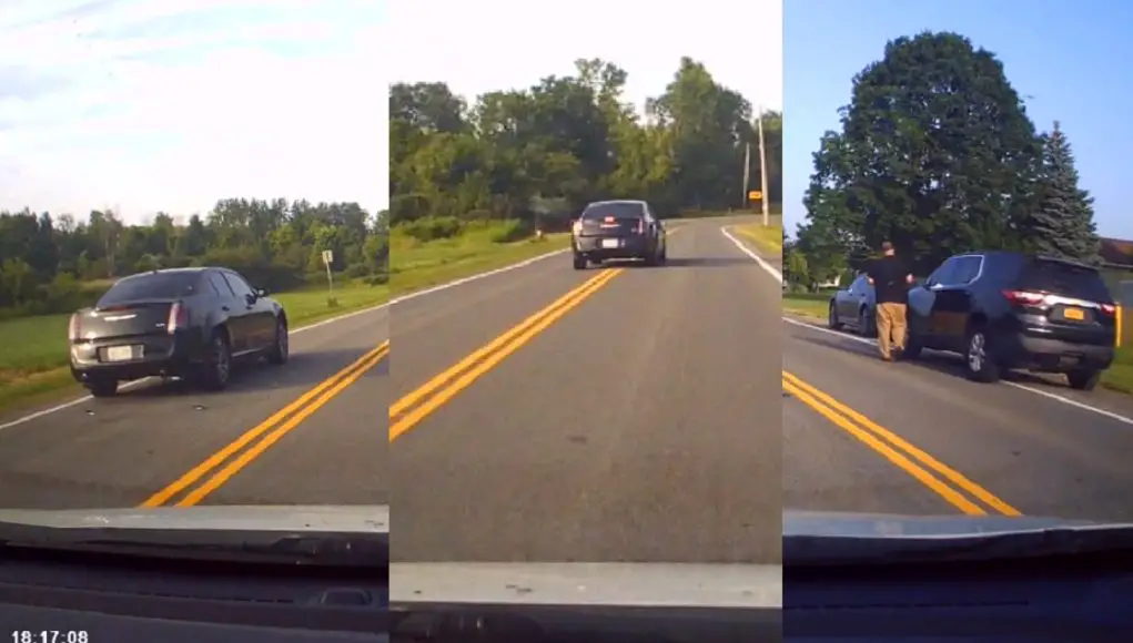 Speeder in Oneida overtakes over double solid yellow approaching a sharp left with a 15 MPH limit, too.