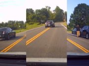 Speeder in Oneida overtakes over double solid yellow approaching a sharp left with a 15 MPH limit, too.