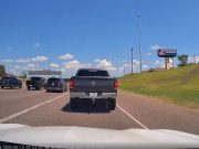 Ram 1500 driver cuts across TX-183 gore point and brake checks dash cam owner for good measure.