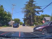 Ignorant driver in Carver, Mass fails to yield at stop sign at t-intersection, nearly t-bones dashcammer.