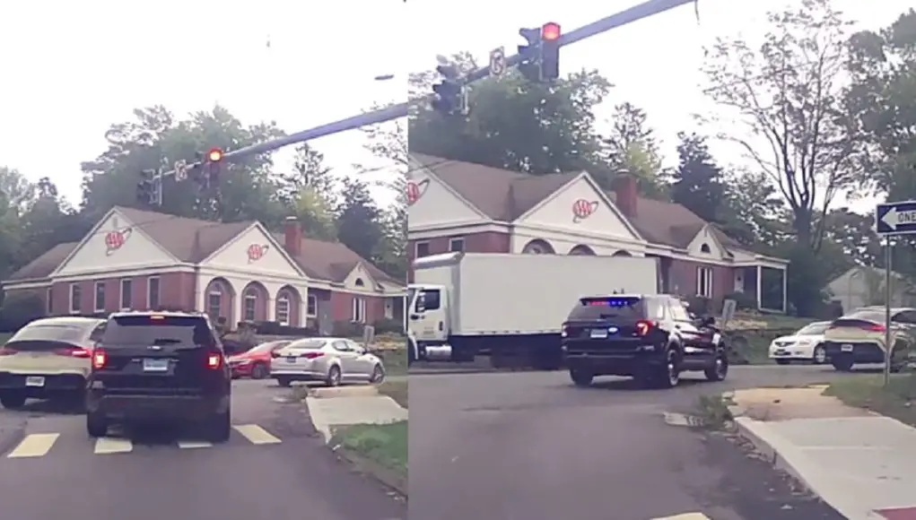 Mercedes driver exiting I-95 runs red light, cuts off cop in unmarked cruiser mid-corner before immediately getting pulled over.