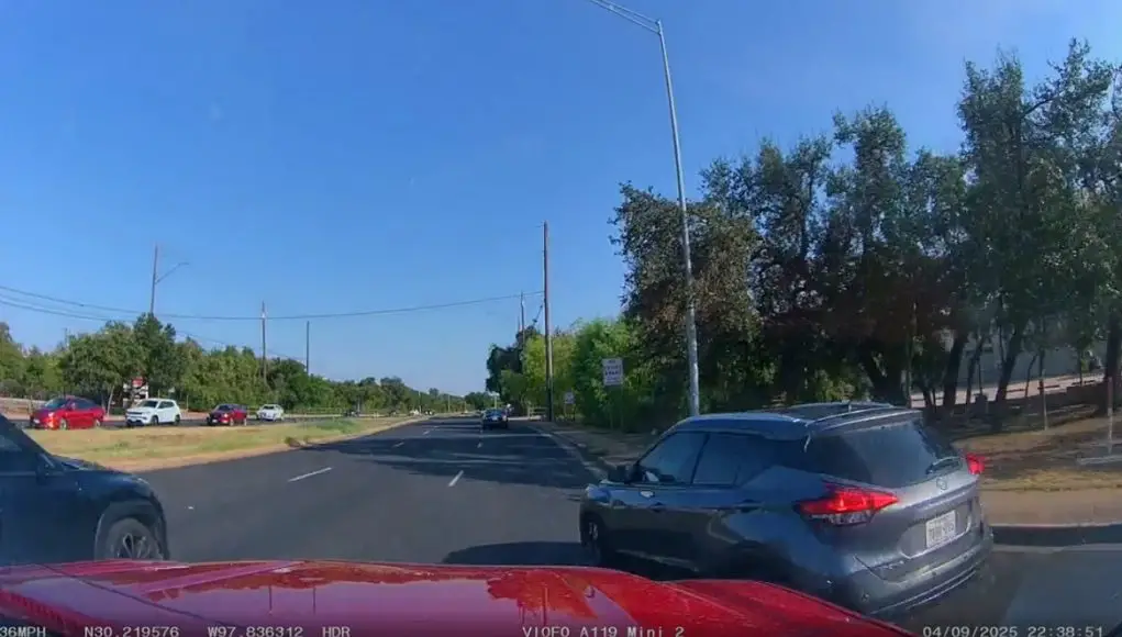 Driver fails to yield approaching WIlliam Cannon Rd. from Frontage. Almost t-boned and rear-ended.