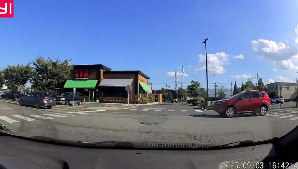 Clueless driver at Edison Towne Square runs stop sign without a care in the world.