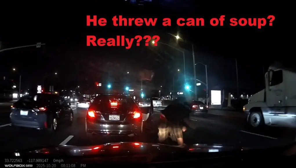 This road rager threw a can of soup and destroyed dashcam owner's windshield.