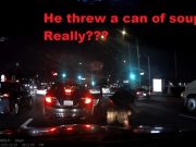 This road rager threw a can of soup and destroyed dashcam owner's windshield.
