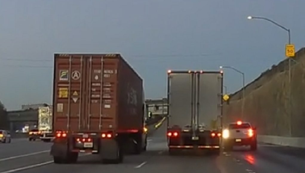 La Verne, CA: Lifted Truck With Large All-Terrain Tires Hits Pooled Water on I-10, Slams Into Side Of Semi Before Coming To A Stop Bro in Lifted Tacoma with AT Tires loses control after hitting wet spot on I-10 freeway.