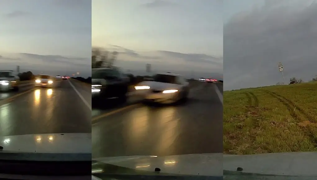 Driver not paying attention swerves into dashcam owner's lane causing them to lose control and end up backwards in a ditch.