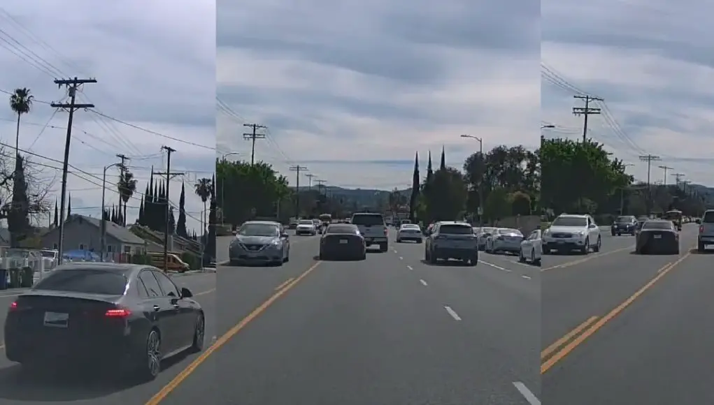 Insane Mercedes driver uses Winnetka Ave center turn lane as Autobahn in wild overtakes.