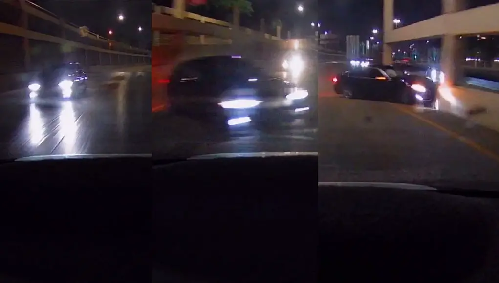 Speeder in BMW exiting the 75 too fast tries to cut between two cars, crashes into side of exit instead.