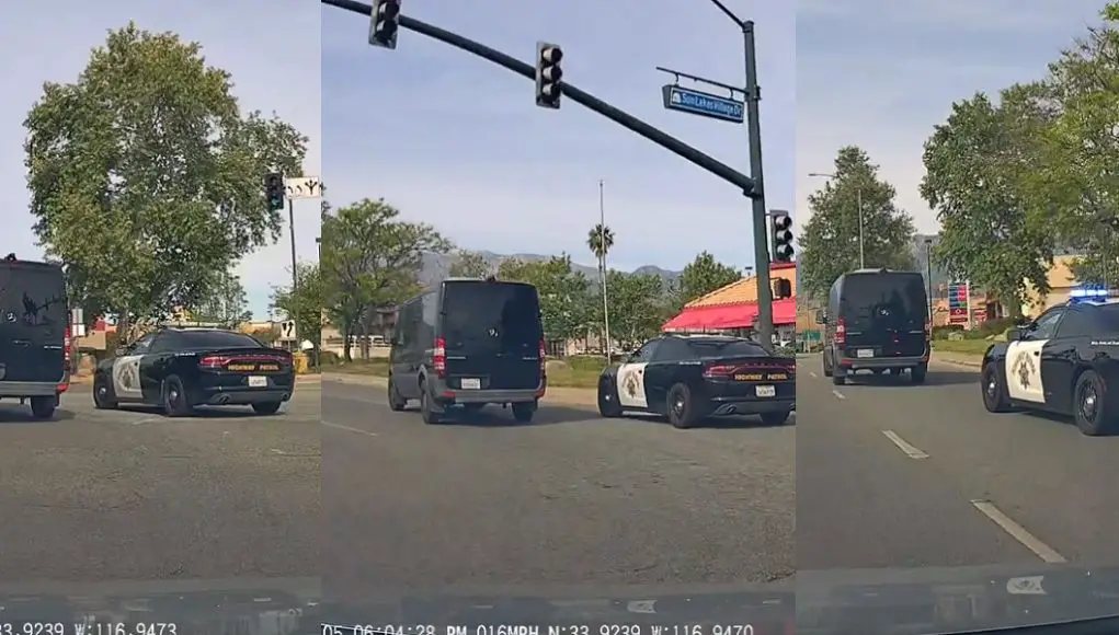 Driver turning left onto Highland off of Sun Lakes Village Dr fails to maintain lane, cuts off cop before getting pulled over.