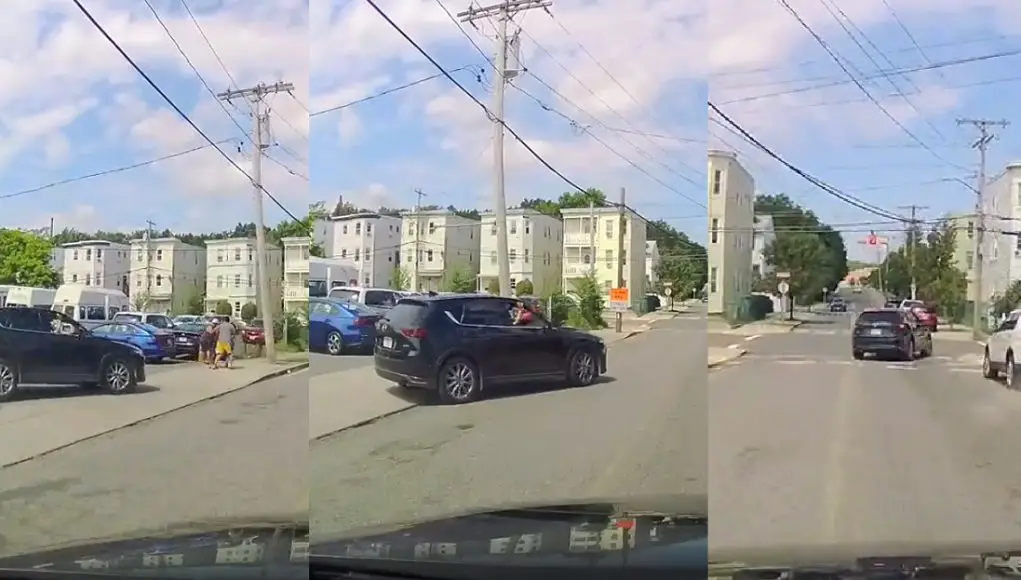 Crazy driver exiting Dunkin' on Stockton and Broadway rockets towards pedestrians before running stop sign.