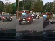 Doofus on Lanier tries to go straight in turn-only lane. Gets clipped by driver trying to turn onto Jeff Davis.