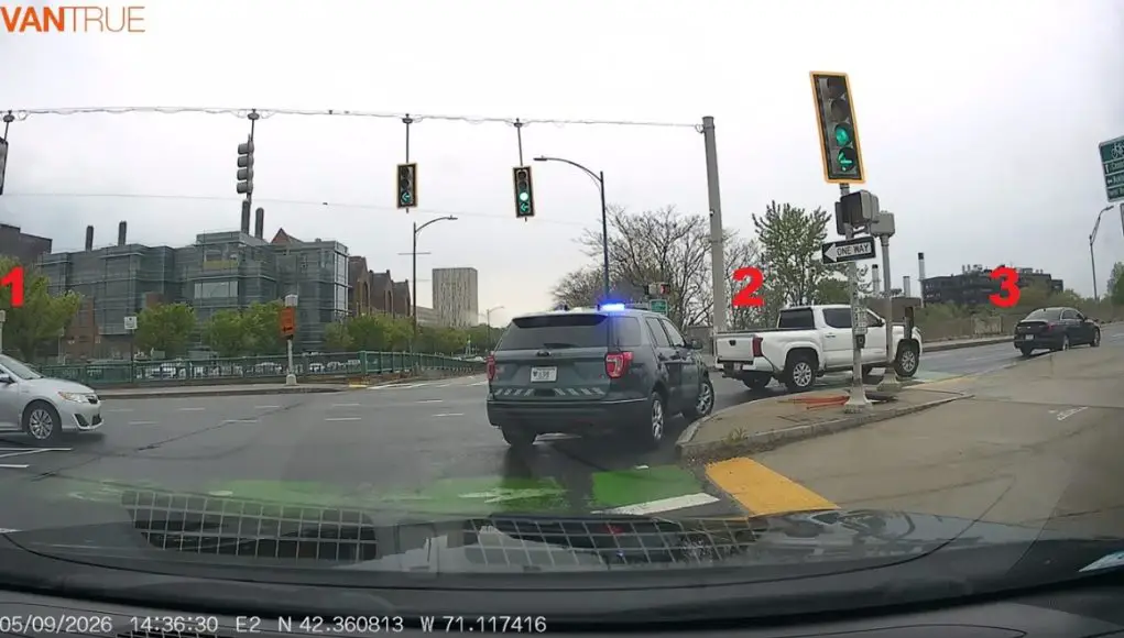 3 Boston idiot drivers run red light right in front of an MA State police officer. Most likely all were cited.