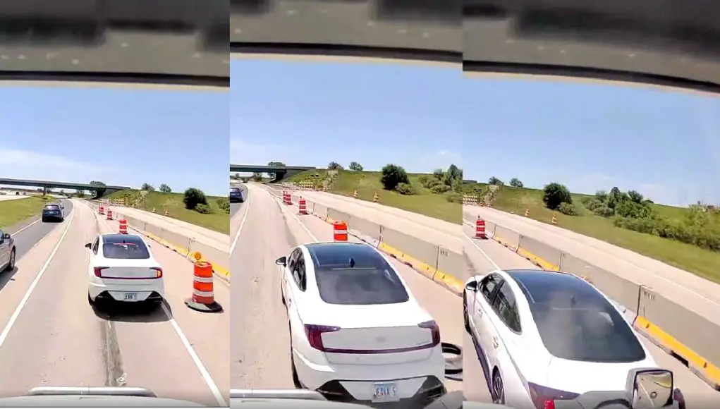 Williamsville, ILL: I-55 Chaos as Semi Driver Nearly Catastrophically Rear-Ends Confused Hyundai Driver Who Almost Came To A Complete Stop Confused Hyundai driver on I-55, thrown off by road repair markings, almost catastrophically rear ended by semi hauling heavy load.