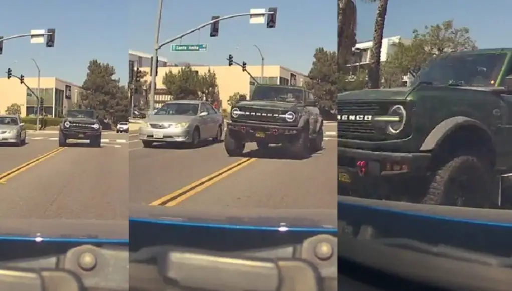 Reckless Ford Bronco driver turning onto Santa Clara swings wide into opposing traffic to overtake slower driver.