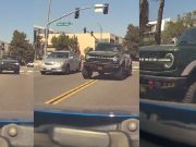 Reckless Ford Bronco driver turning onto Santa Clara swings wide into opposing traffic to overtake slower driver.