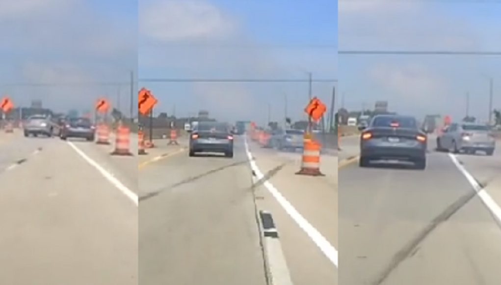 State Road 912 near miss after failure to yield Crazy driver on State Road 912 tries to brute force his way in front of other driver as two lanes filter into one.