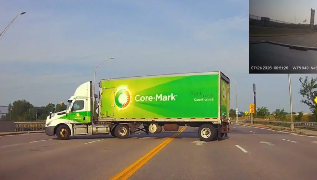 Watertown, NY: Core-Mark Semi Driver Pulling Trailer Makes Illegal U-Turn On Arsenal St Overpass, Drivers Slam Their Brakes To Avoid Crash Driver in Core-Mark semi makes illegal u-turn on Arsenal St. overpass, causes drivers to emergency brake to avoid collision.