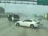 Infiniti driver caught speeding on rain-soaked I-95 loses control and crashes into truck, totalling his ride, too.