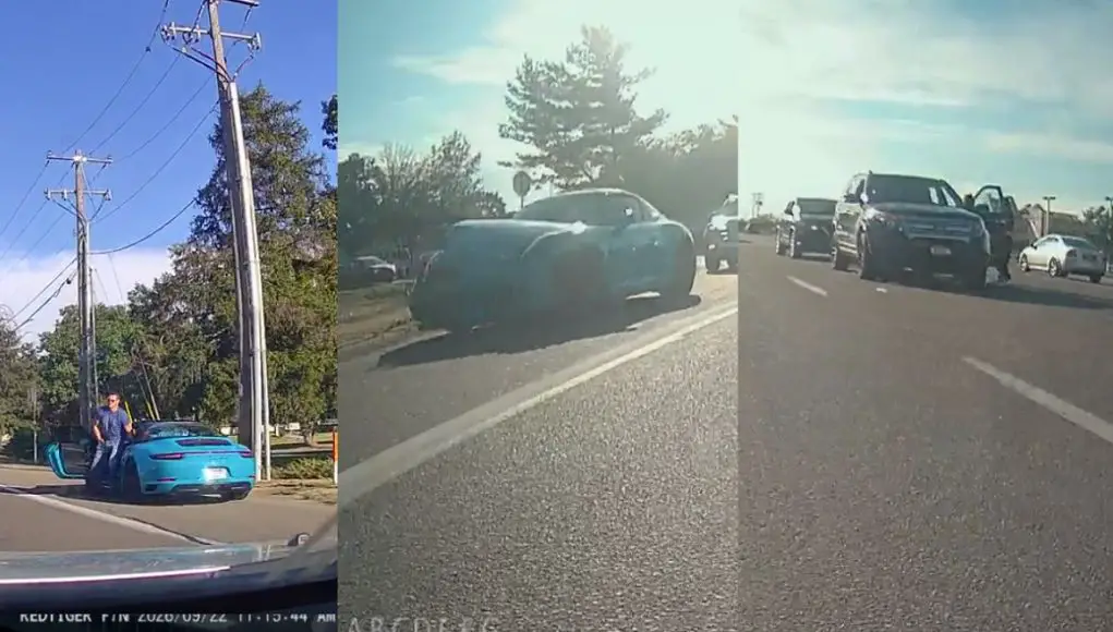 Porsche crashes after blind left turn, encouraged by nice-holes, turns into collision with cross traffic.
