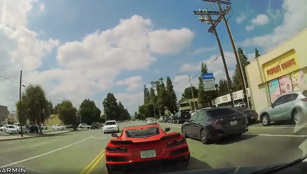 C8 Corvette driver upset cars in front of him are going the speed limit, road rages and brake-checks them.