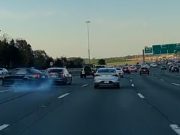 Dulles, VA: Doofus On Route 28 Crashes Into Center Divider After Tailgating With A Spare Tire Backfires Doofus on a spare tire on Route 28 tailgates in the fast lane. Loses control, spins, and crashes into concrete center divider.