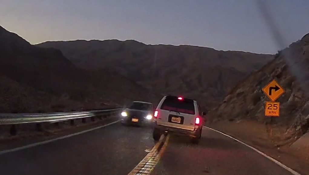 illegal overtake near blind curve over double solid yellows on CA-78 Doofus on the 78 chooses a blind corner to overtake, over double solid yellows, nearly coming within inches of head-on crash.
